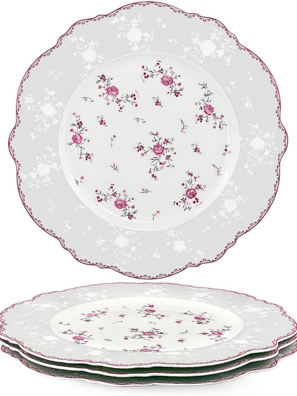 Set of 4 Vintage Pink Roses Ceramic Dinner Plates - Elegant Floral Design, 10
